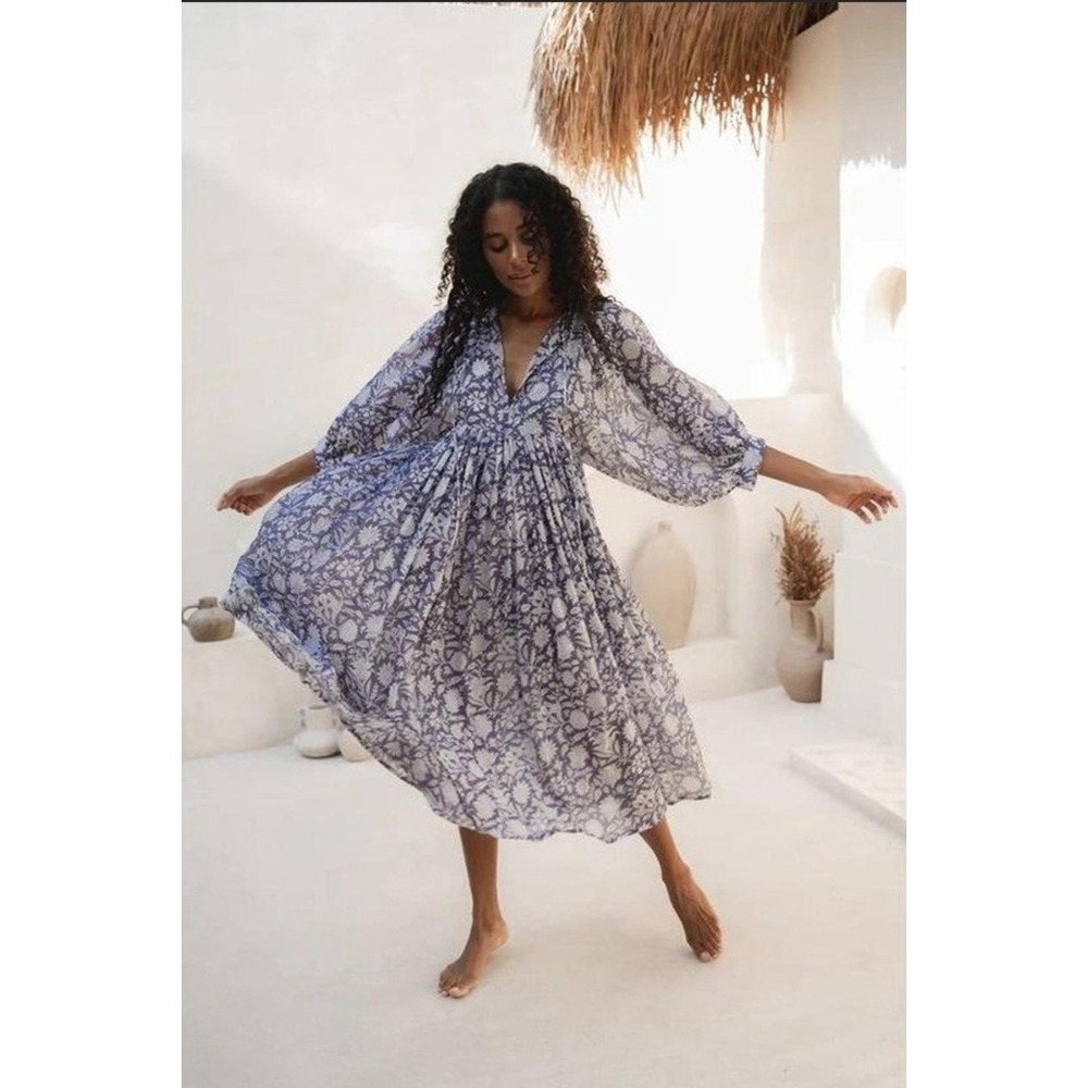 Dolma Blue White Floral Block Print Midi Dress Tassel Tie Balloon Sleeve Large